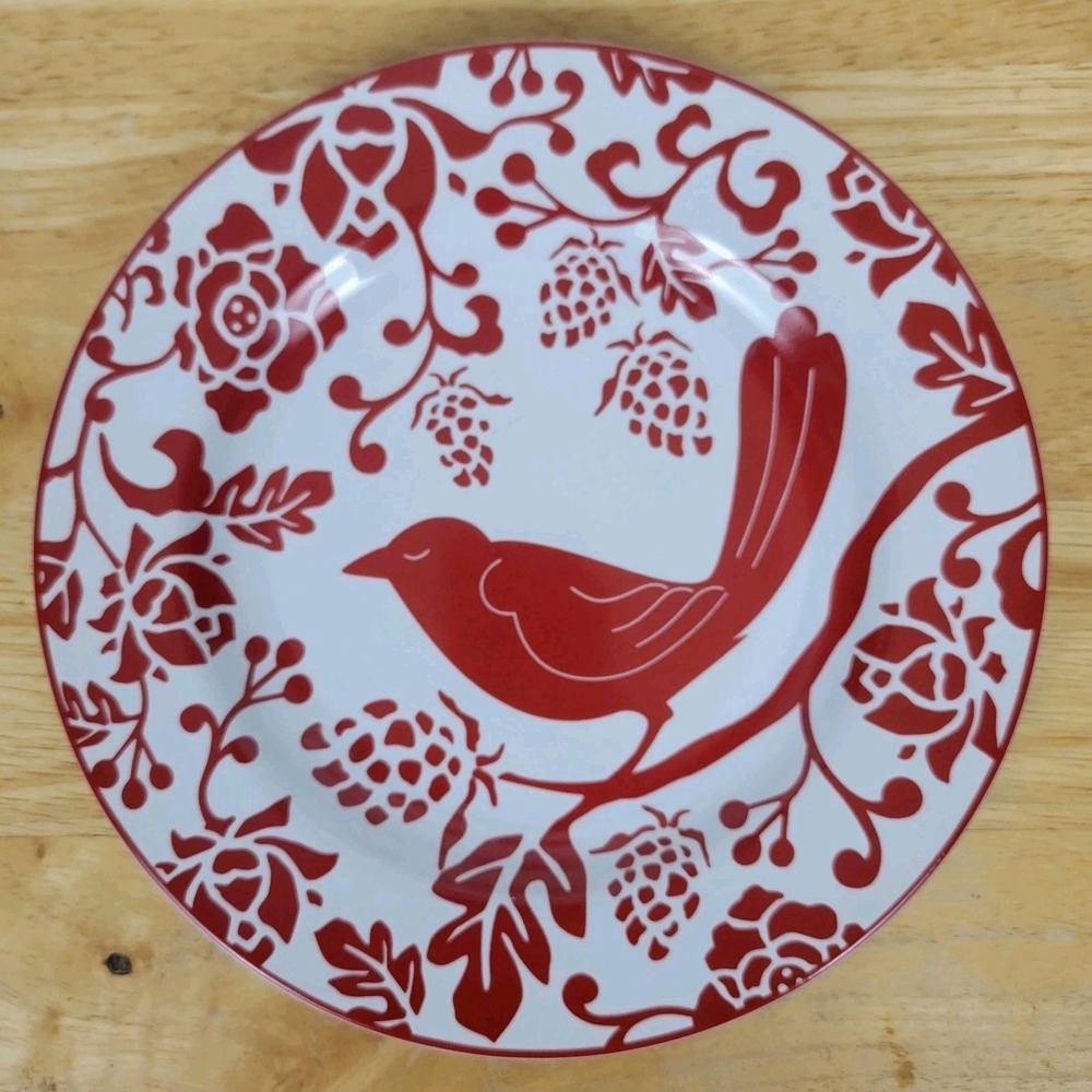 Pier 1 Red Bird Salad Dessert Plate 8" Stoneware Crimson Floral Discontinued